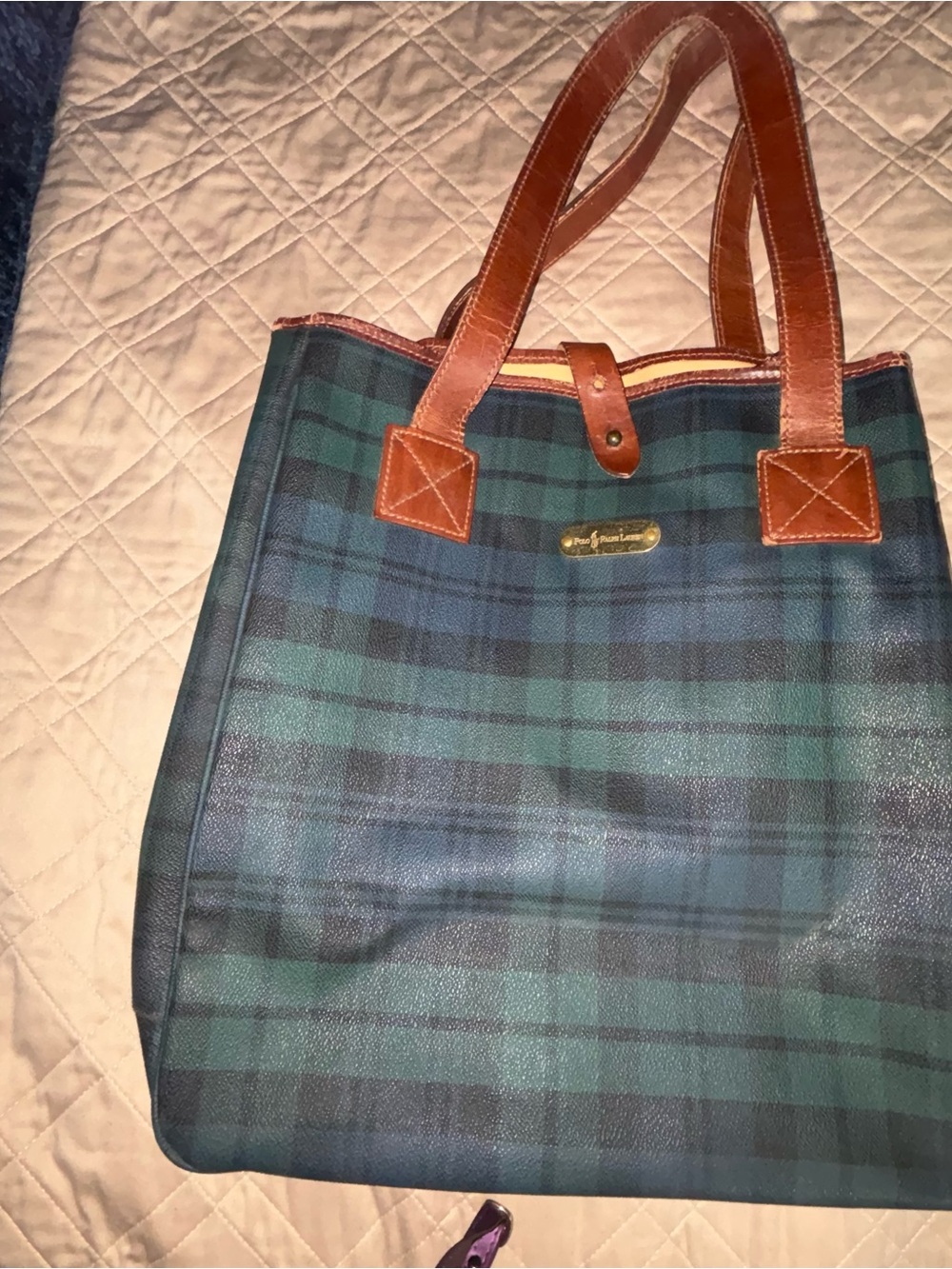 Polo by Ralph Lauren Blackwatch Plaid Tote Bag with Brown Leather Trim - Picture 6 of 7
